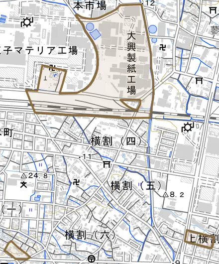 上横割とその周辺の地図。町の範囲を重ねている