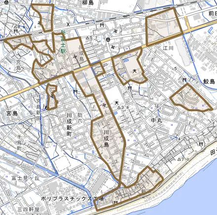 川成島とその周辺の地図。町の範囲を重ねている