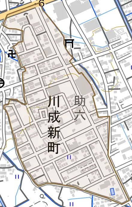 川成新町とその周辺の地図。町の範囲を重ねている