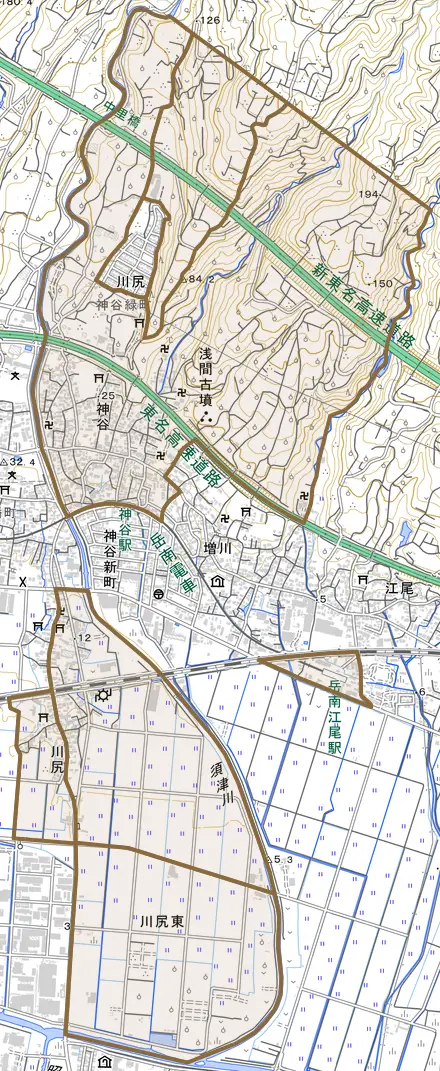 川尻とその周辺の地図。町の範囲を重ねている