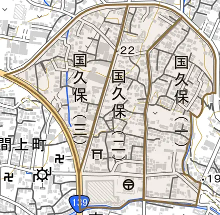 国久保とその周辺の地図。町の範囲を重ねている