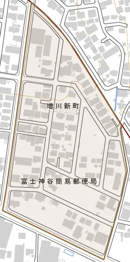増川新町とその周辺の地図。町の範囲を重ねている