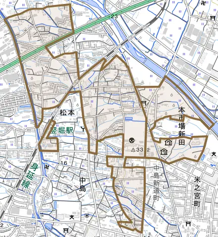 松本とその周辺の地図。町の範囲を重ねている