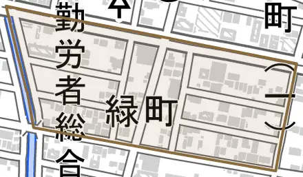 緑町とその周辺の地図。町の範囲を重ねている