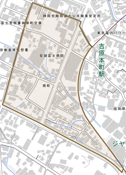 南町とその周辺の地図。町の範囲を重ねている
