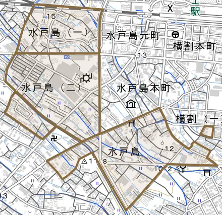 水戸島とその周辺の地図。町の範囲を重ねている
