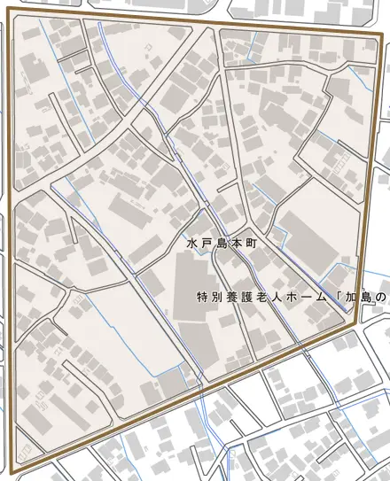水戸島本町とその周辺の地図。町の範囲を重ねている