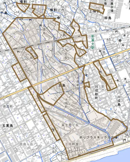 宮島とその周辺の地図。町の範囲を重ねている