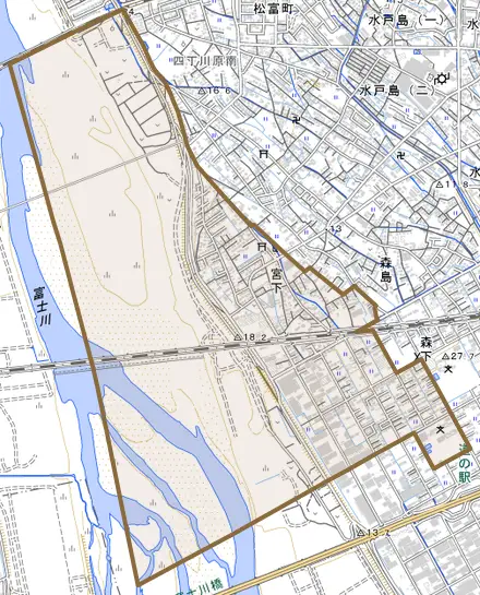 宮下とその周辺の地図。町の範囲を重ねている