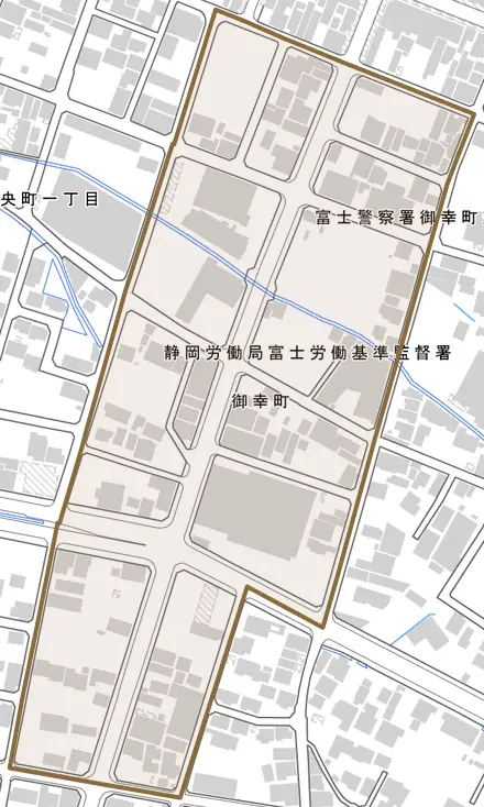 御幸町とその周辺の地図。町の範囲を重ねている