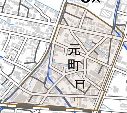 元町とその周辺の地図。町の範囲を重ねている
