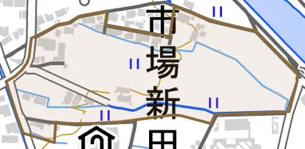 本市場新田とその周辺の地図。町の範囲を重ねている