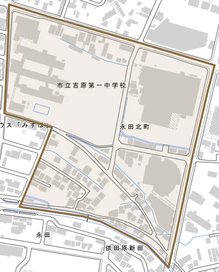 永田北町とその周辺の地図。町の範囲を重ねている