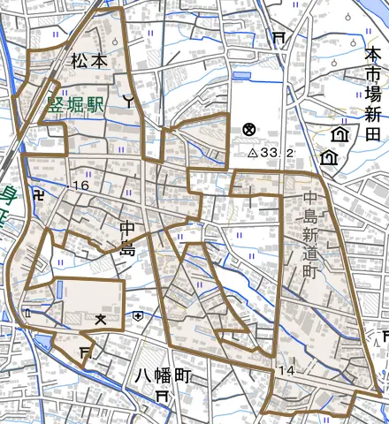 中島とその周辺の地図。町の範囲を重ねている