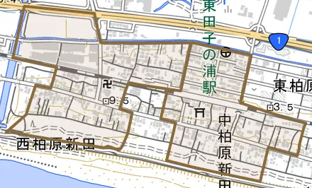 中柏原新田とその周辺の地図。町の範囲を重ねている