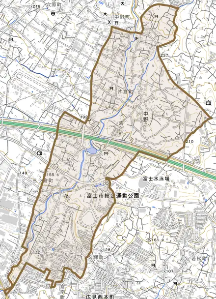 中野とその周辺の地図。町の範囲を重ねている