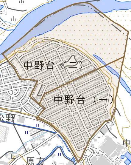 中野台とその周辺の地図。町の範囲を重ねている