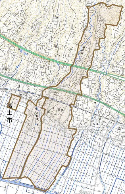 西船津とその周辺の地図。町の範囲を重ねている