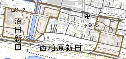 西柏原新田とその周辺の地図。町の範囲を重ねている