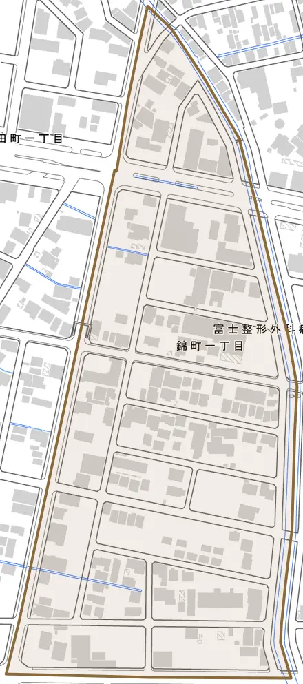 錦町とその周辺の地図。町の範囲を重ねている