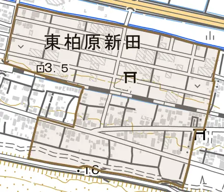 沼田新田とその周辺の地図。町の範囲を重ねている