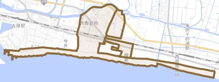 大野新田とその周辺の地図。町の範囲を重ねている