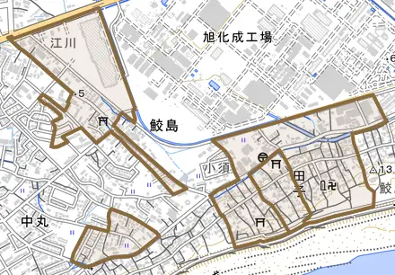 鮫島とその周辺の地図。町の範囲を重ねている