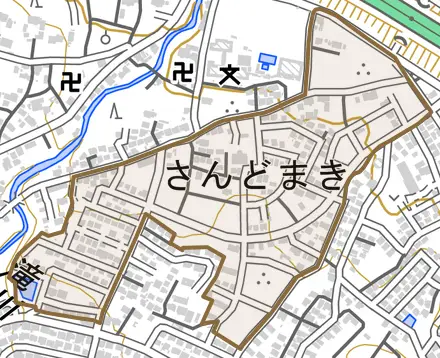 さんどまきとその周辺の地図。町の範囲を重ねている
