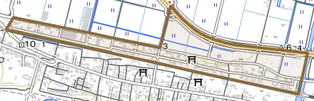 三新田とその周辺の地図。町の範囲を重ねている
