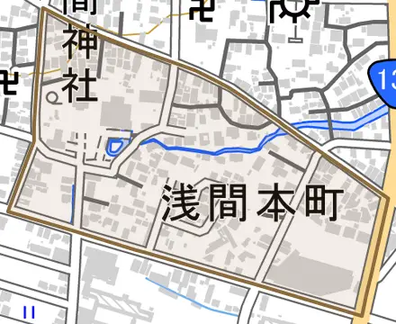 浅間本町とその周辺の地図。町の範囲を重ねている