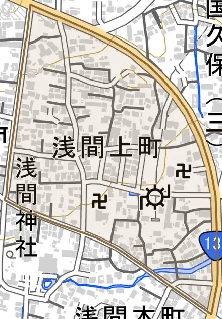 浅間上町とその周辺の地図。町の範囲を重ねている