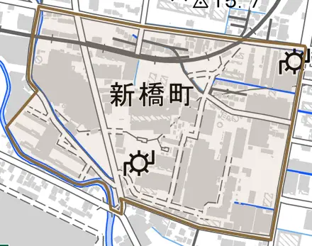 新橋町とその周辺の地図。町の範囲を重ねている