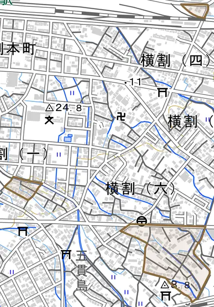 下横割とその周辺の地図。町の範囲を重ねている