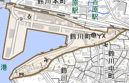 鈴川町とその周辺の地図。町の範囲を重ねている