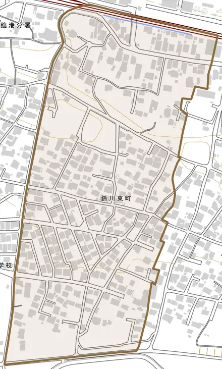 鈴川東町とその周辺の地図。町の範囲を重ねている