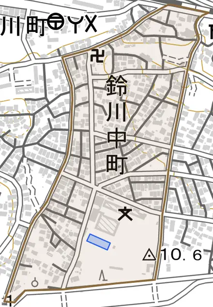 鈴川中町とその周辺の地図。町の範囲を重ねている
