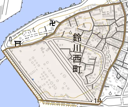 鈴川西町とその周辺の地図。町の範囲を重ねている