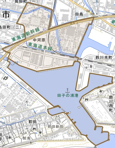 中河原とその周辺の地図。町の範囲を重ねている