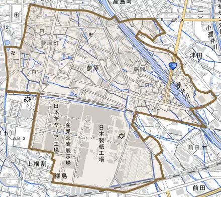蓼原とその周辺の地図。町の範囲を重ねている