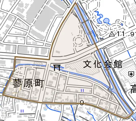 蓼原町とその周辺の地図。町の範囲を重ねている