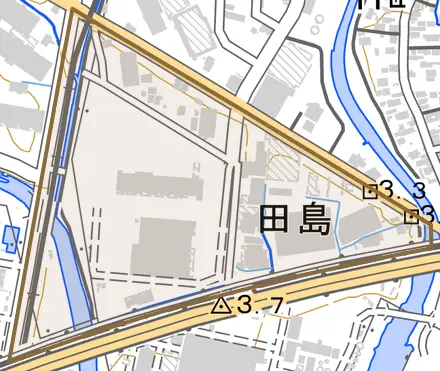 田島とその周辺の地図。町の範囲を重ねている