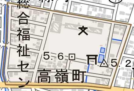 高嶺町とその周辺の地図。町の範囲を重ねている