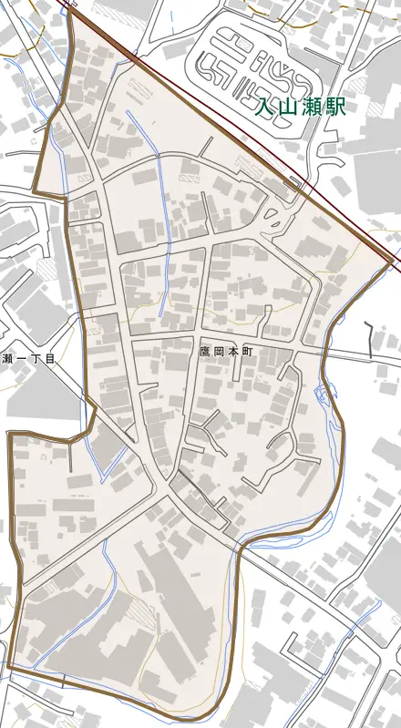 鷹岡本町とその周辺の地図。町の範囲を重ねている