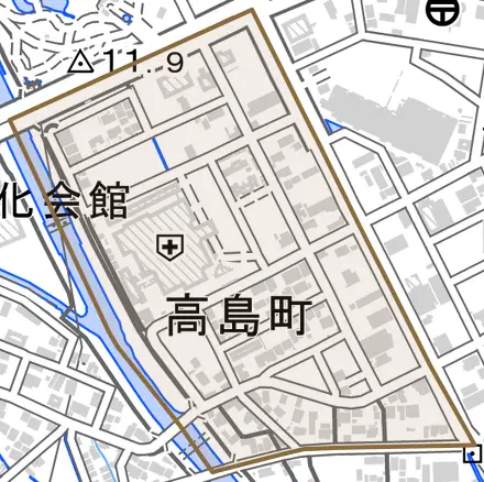 高島町とその周辺の地図。町の範囲を重ねている