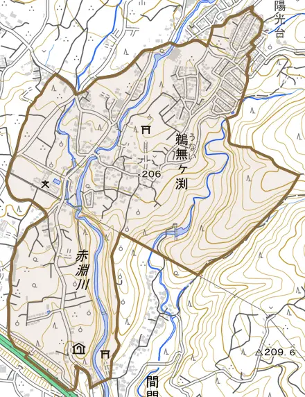 鵜無ケ淵とその周辺の地図。町の範囲を重ねている