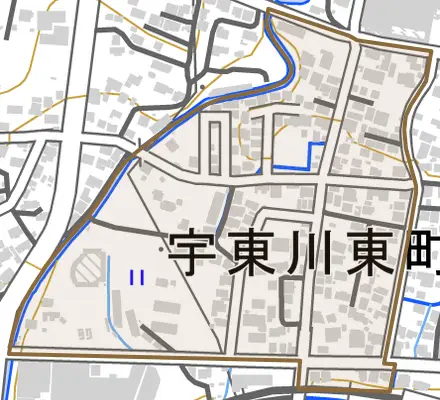 宇東川東町とその周辺の地図。町の範囲を重ねている