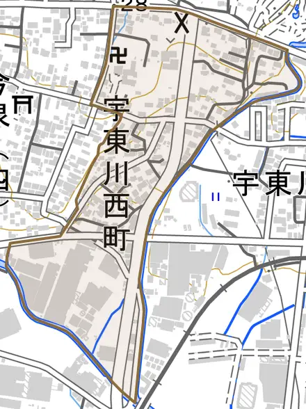 宇東川西町とその周辺の地図。町の範囲を重ねている