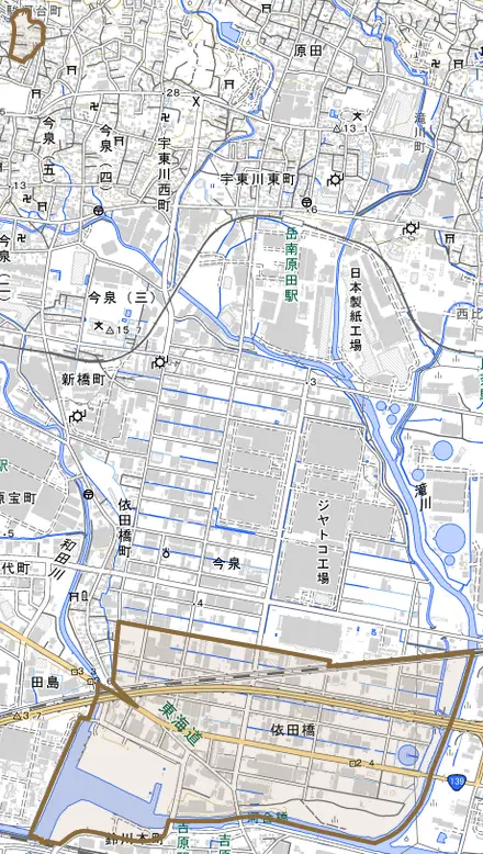 依田橋とその周辺の地図。町の範囲を重ねている