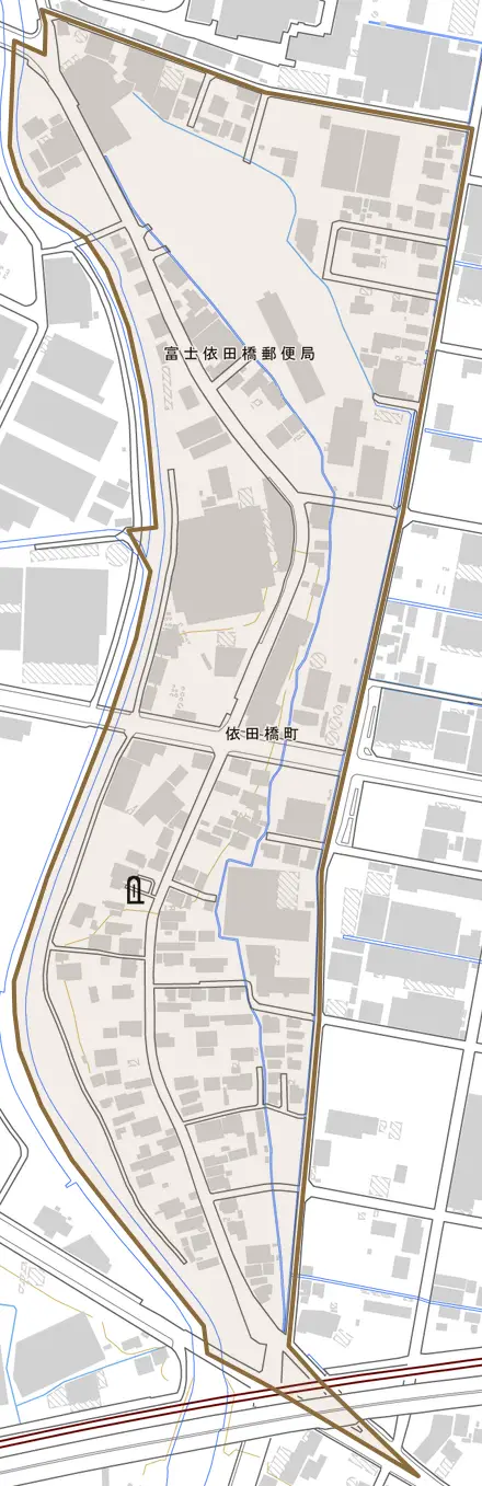 依田橋町とその周辺の地図。町の範囲を重ねている