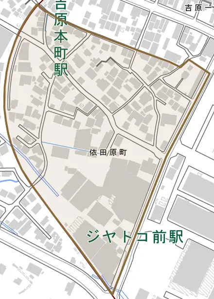 依田原町とその周辺の地図。町の範囲を重ねている